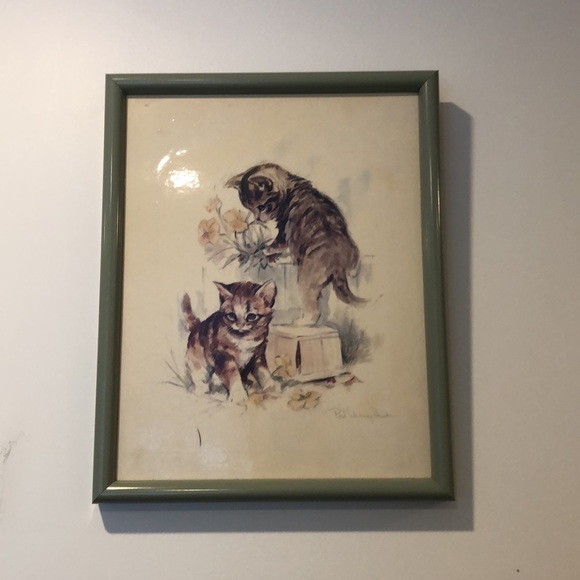 Vintage Paul Whitney Hunter lithograph print signed kittens floral framed 70s - Picture 6 of 6